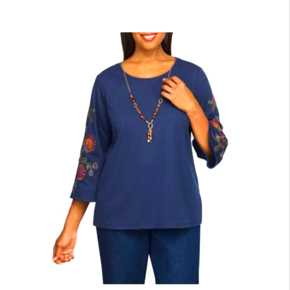 Draper's & Damon's Women's Alfred Dunner Embroidered Sleeve Top with Necklace.,